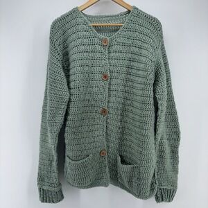 Crochet Handmade‎ Women Knit Cardigan Sweater Teal Green Granny Cottagecore Cozy